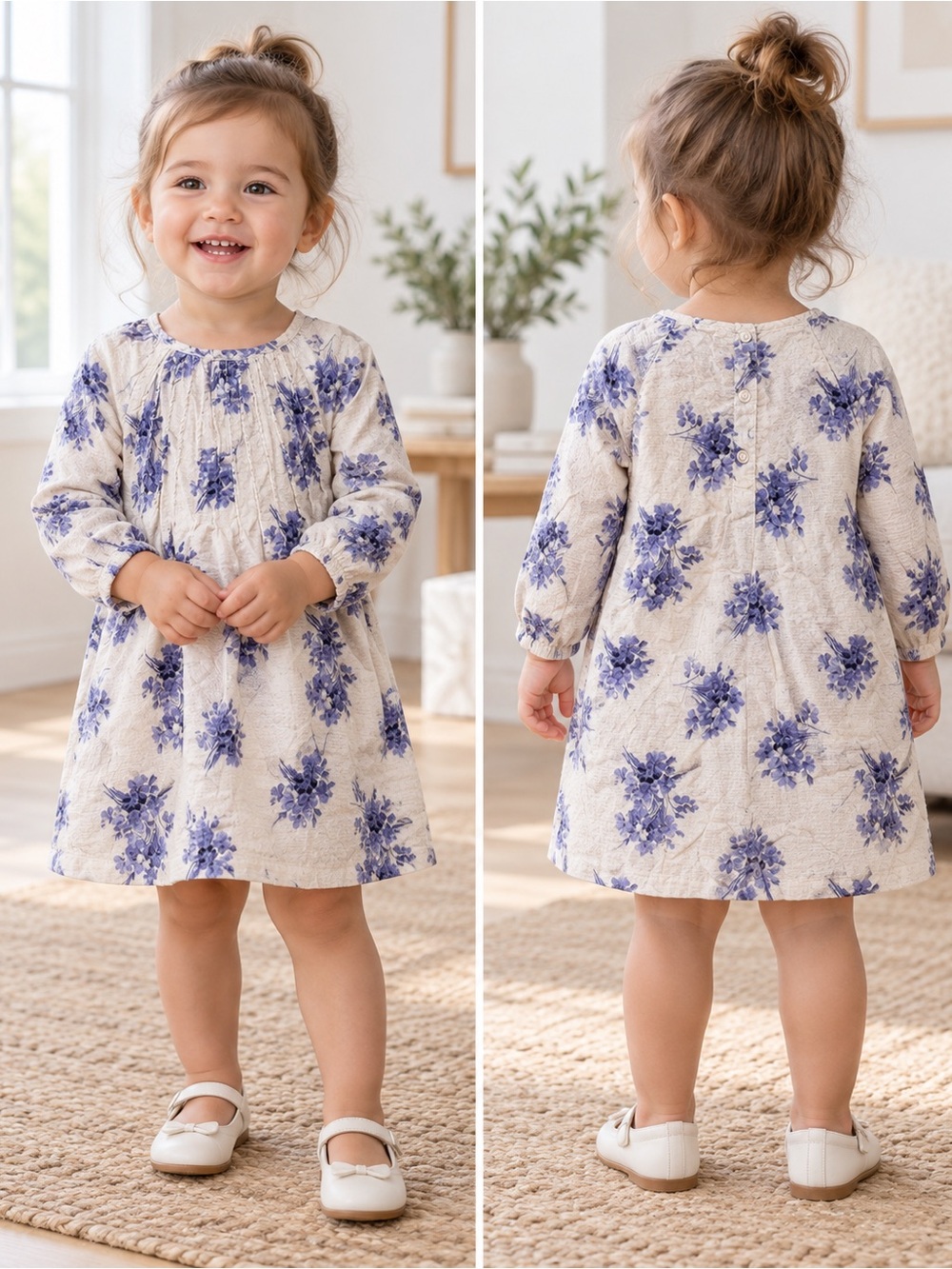 GAP Toddler Floral Long-Sleeve Dress in Cream and Purple Flowers